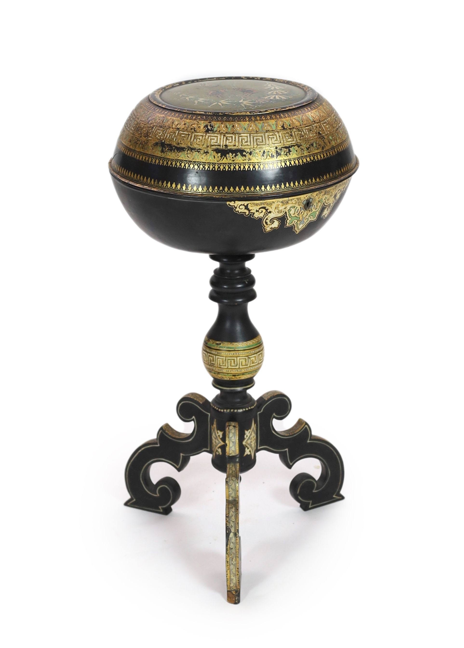 A Victorian papier mache and ebonised wood tripod work table, 83cm high 41cm diameter